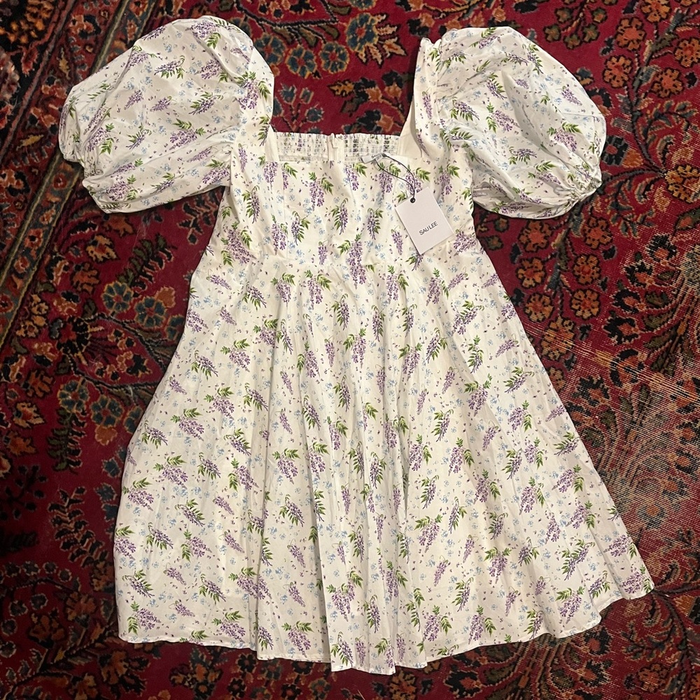 NWT Sau Lee White Puff Sleeve Print Babydoll Dress